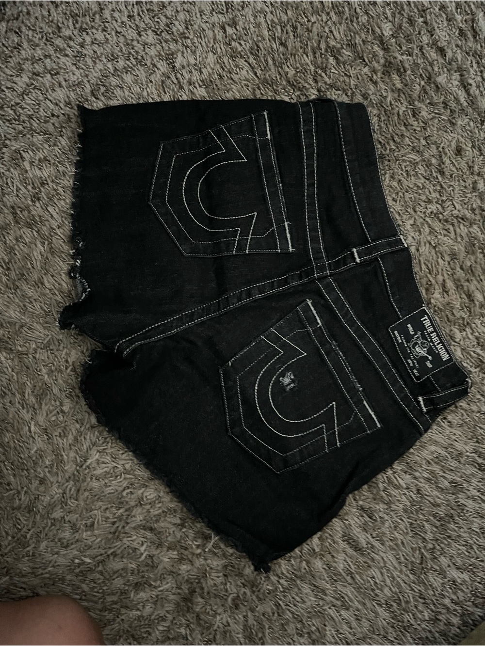 True Religion Black Denim Raw Hem Back-Pocket Shorts - Picture 6 of 6